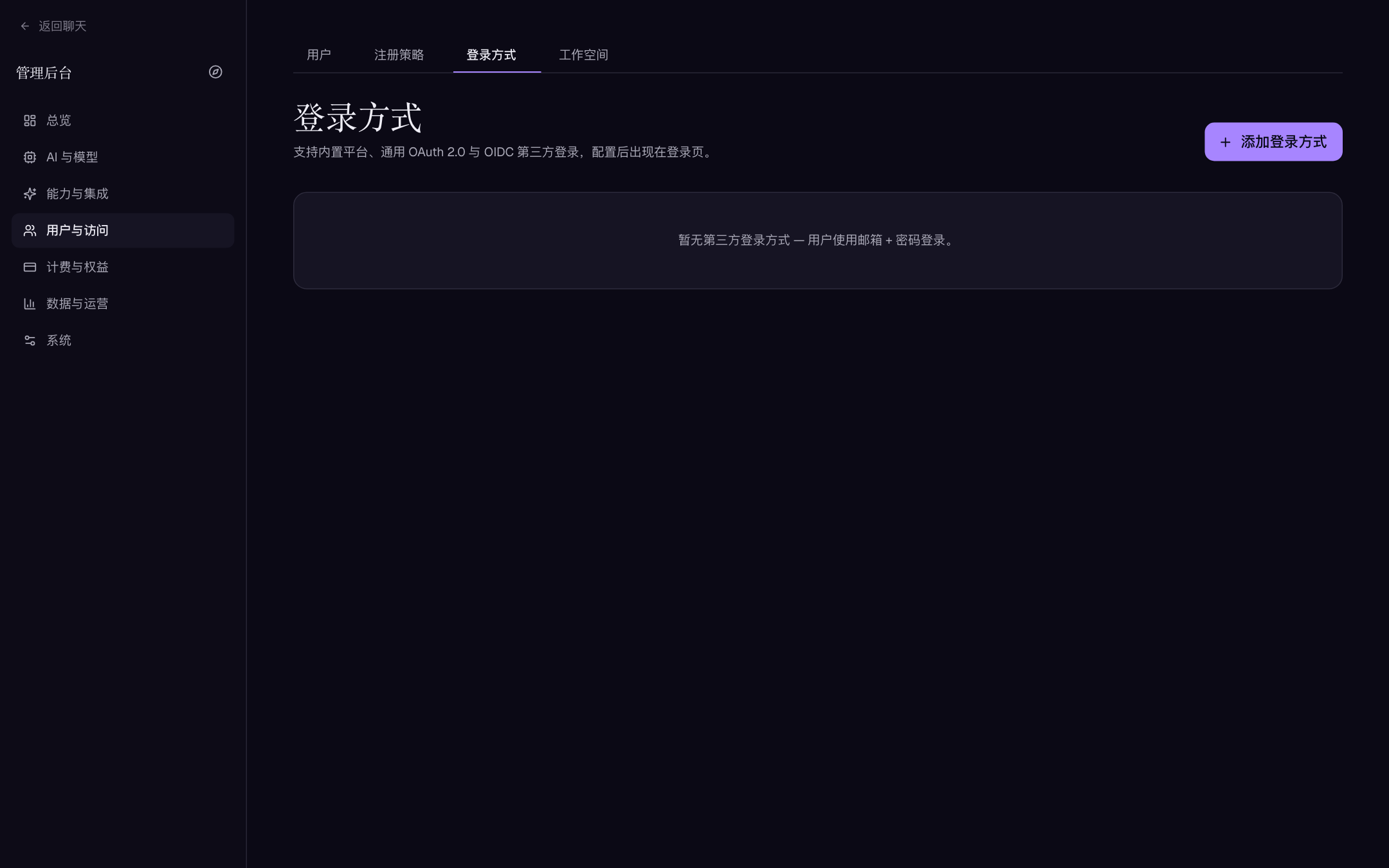 Login methods page (empty state)