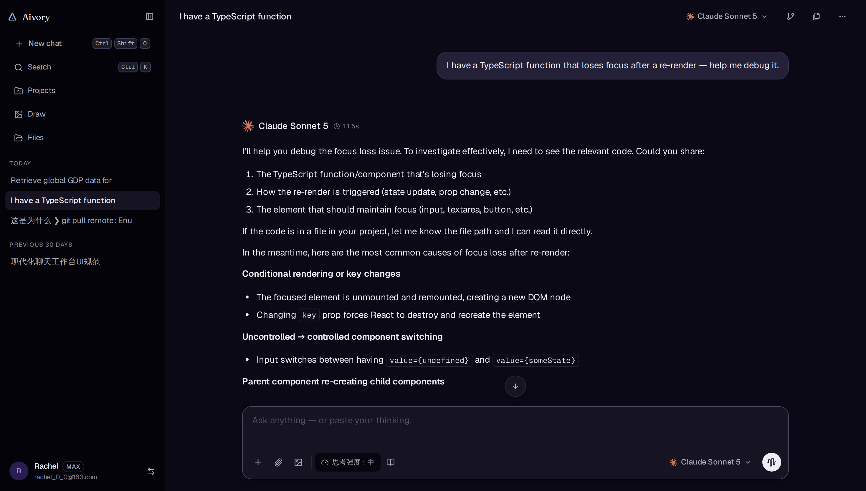 Aivory chat interface: streamed answer with lists and code snippets, model picker in the top bar